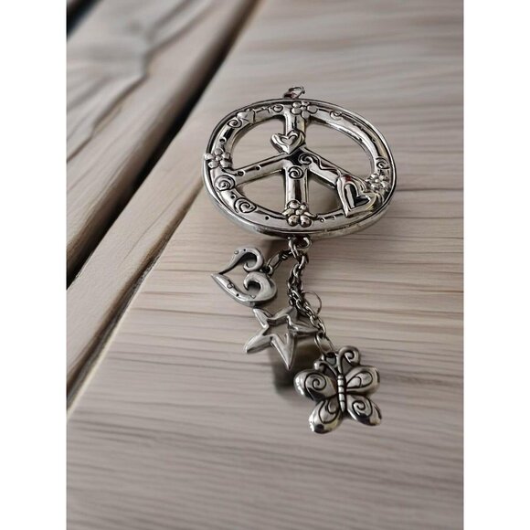 Brighton Accessories - New Metal Peace Symbol Necklace or Car Charm Silver Tone Dove Angel Heart Silk